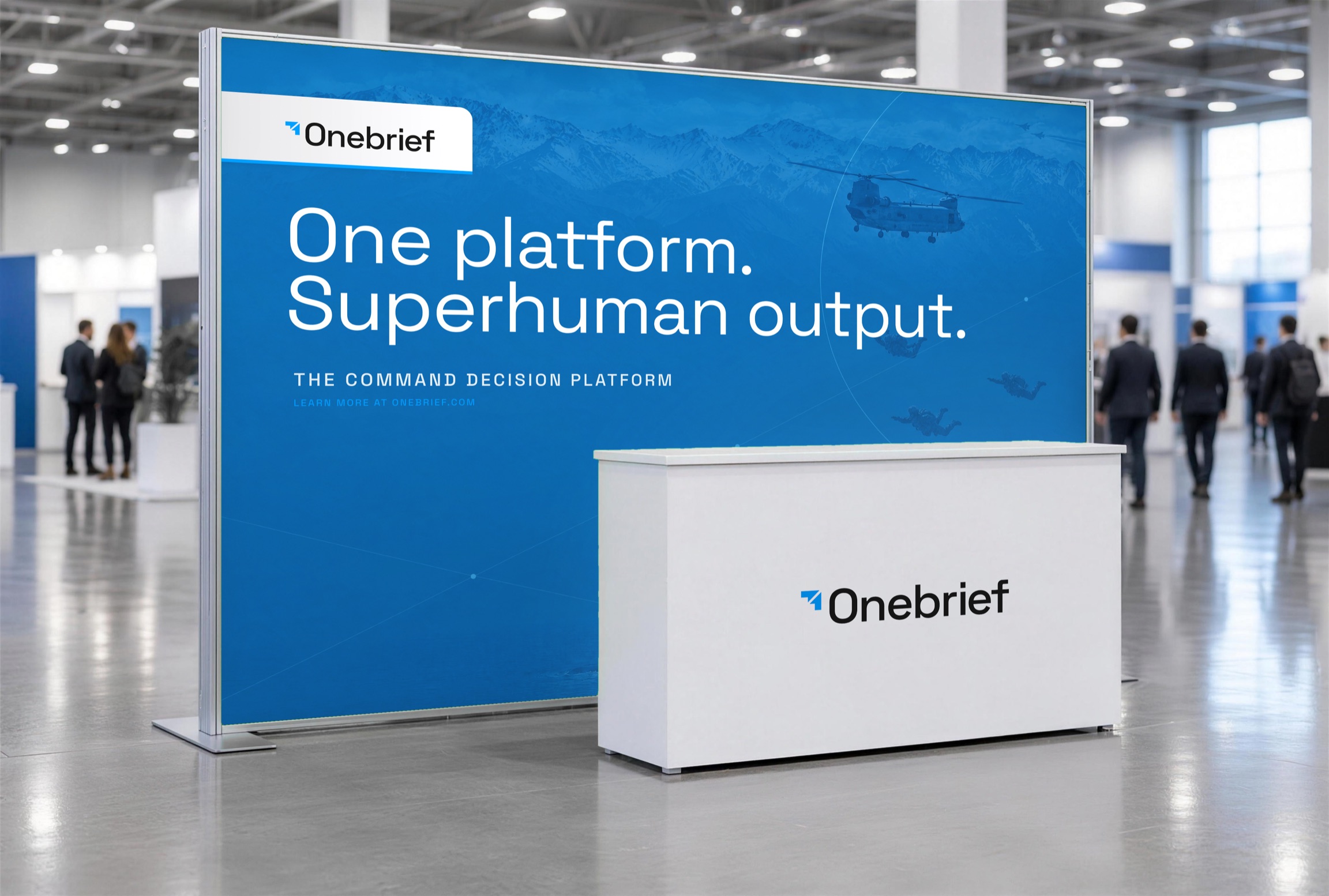 Concept trade-show booth carrying an Onebrief backdrop and counter